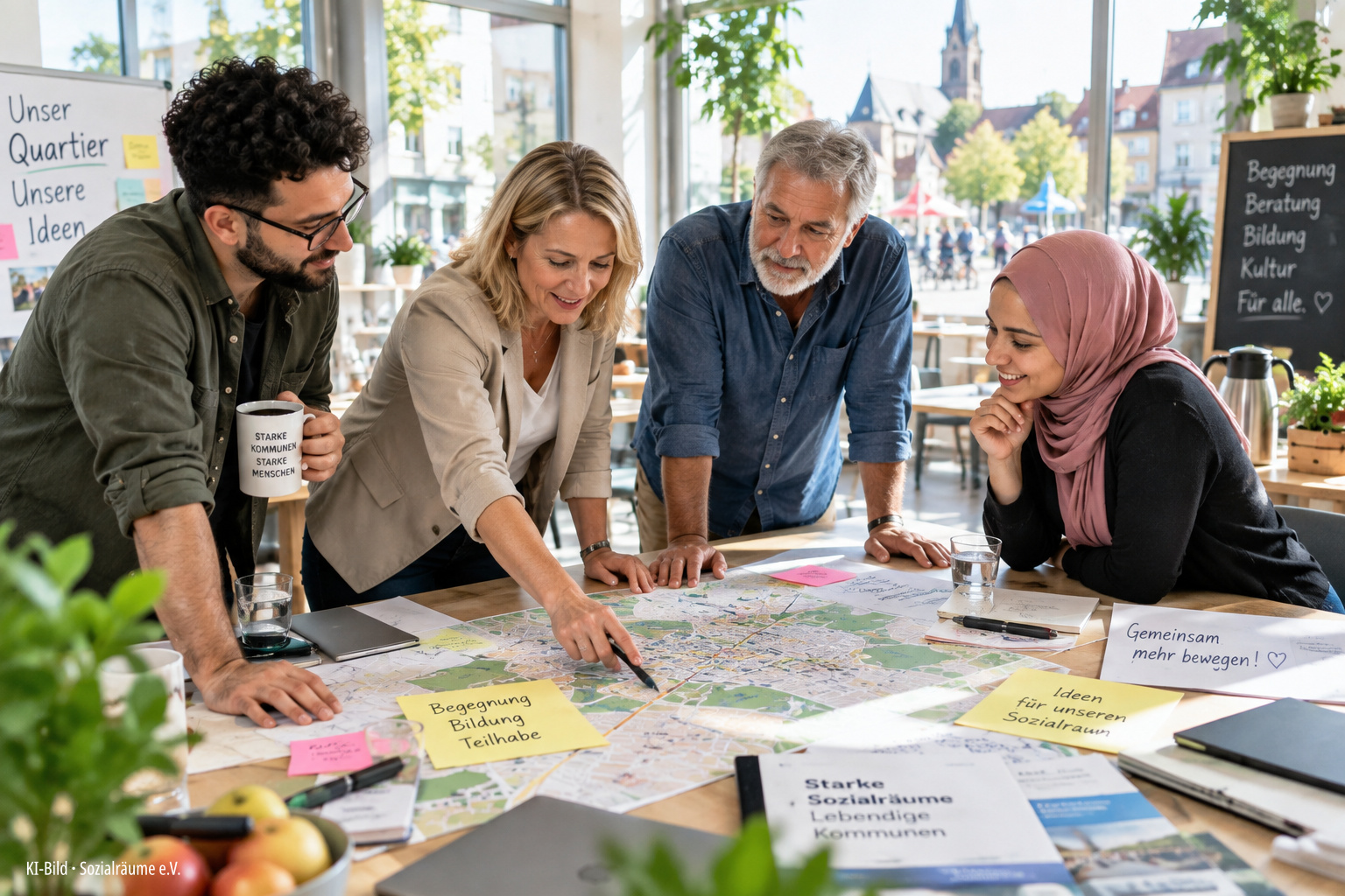 KI-generiertes Bild: Vier unterschiedliche Menschen entwickeln an einer Sozialraumkarte gemeinsam Ideen für Angebote und Projekte in einer Kommune.