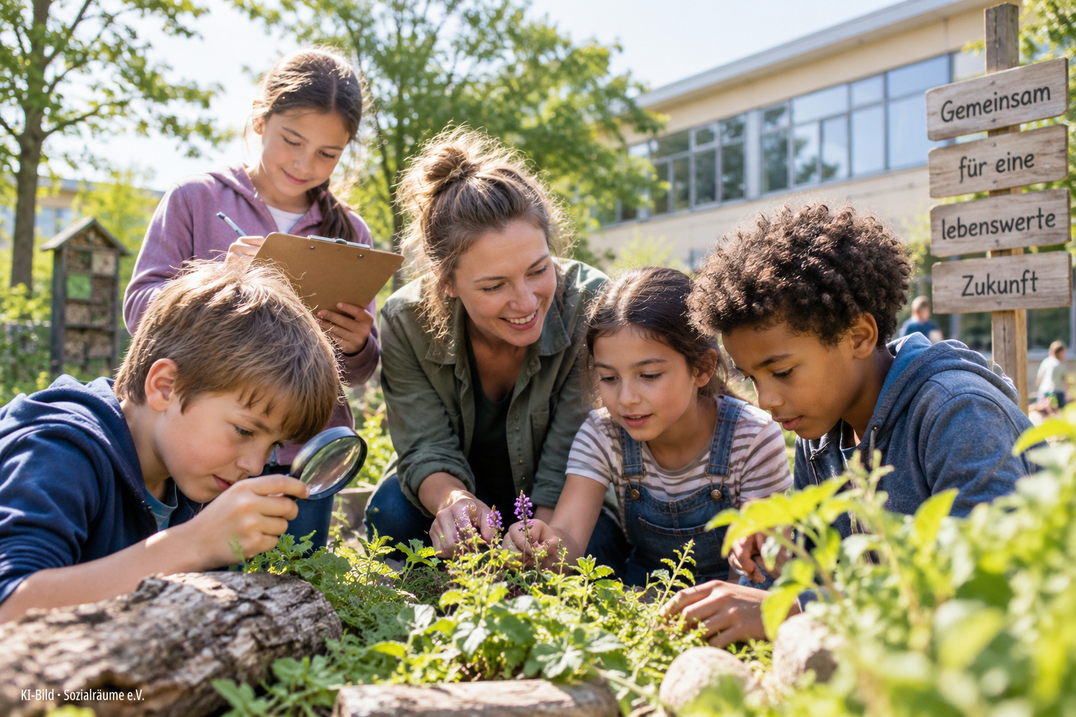 KI-generiertes Bild: Kinder im Grundschulalter entdecken gemeinsam mit einer pädagogischen Fachkraft Pflanzen und Naturmaterialien in einem Schulgarten. Sie beobachten, forschen und dokumentieren ihre Entdeckungen.
