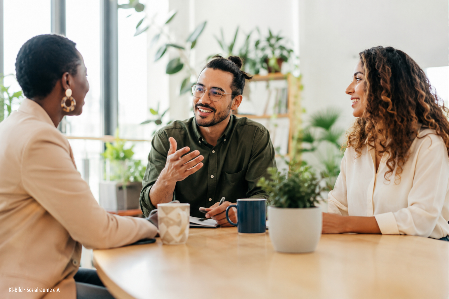Drei Menschen im gemeinsamen Gespräch an einem Tisch. Das Motiv steht für Austausch, Fragen, Zuhören und gemeinsame Orientierung und wird als Titelbild der FAQ-Seite von Sozialräume e.V. verwendet. KI-generiertes Bild.
