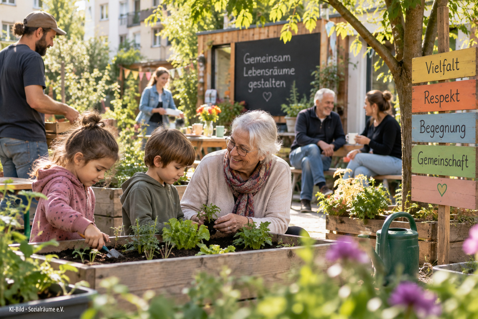 Generationen begegnen sich, teilen Erfahrungen und gestalten ihren Sozialraum gemeinsam. · KI-Bild: Sozialräume e.V.