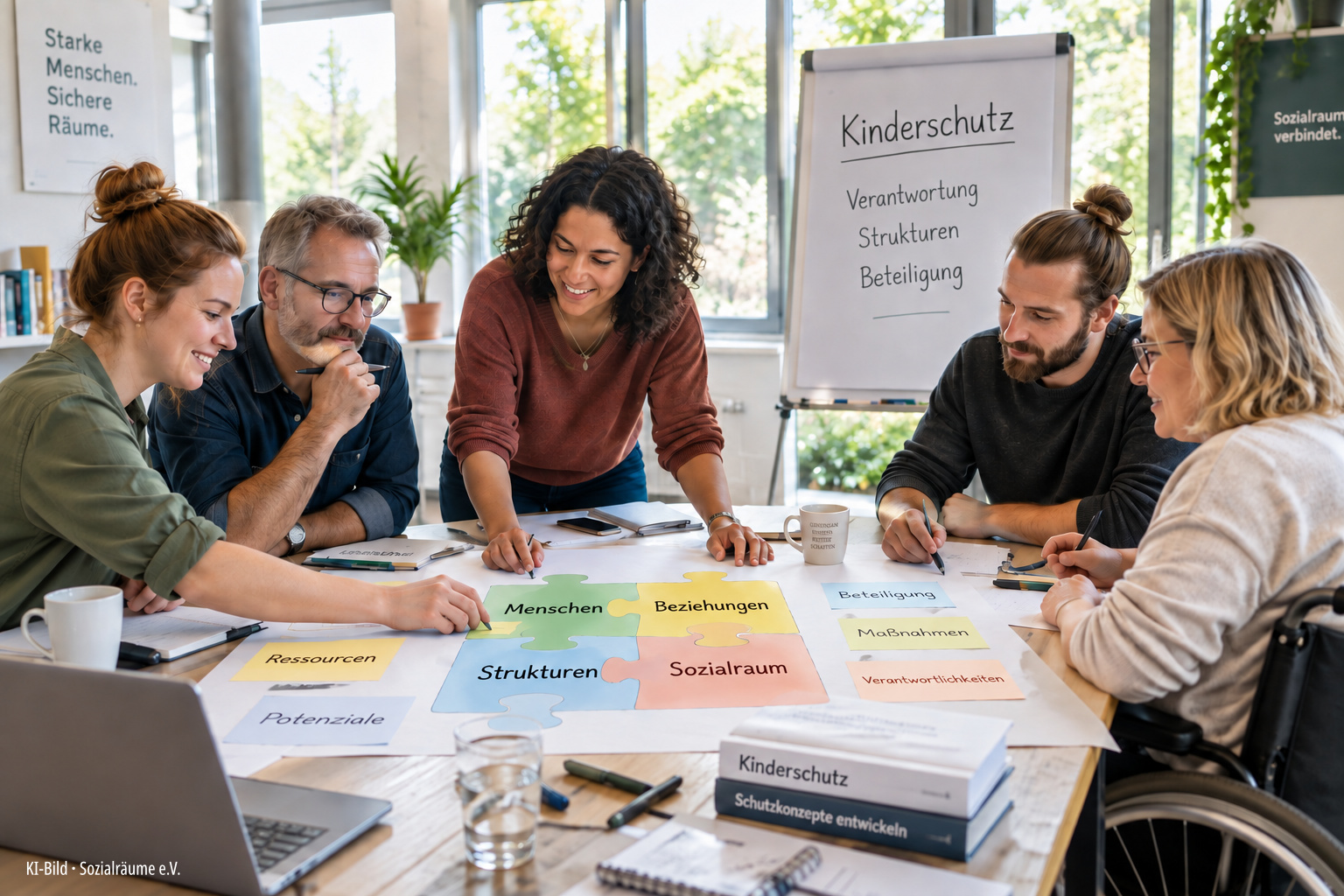KI-generiertes Bild: Eine vielfältige Gruppe Erwachsener arbeitet gemeinsam an Schutzstrukturen und Kinderschutz. Auf dem Tisch liegen Puzzleteile und Arbeitskarten zu Menschen, Beziehungen, Strukturen und Sozialraum.
