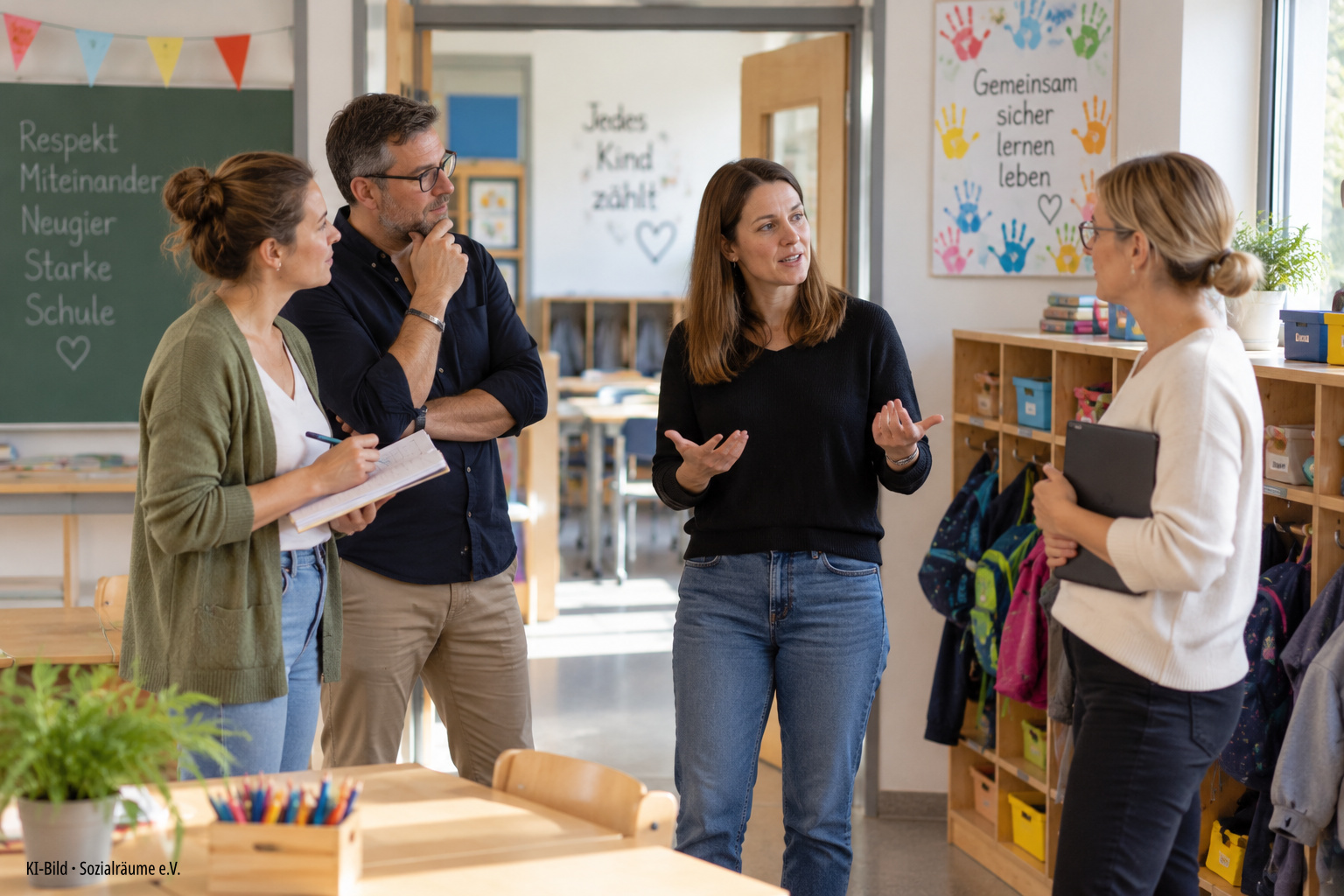 KI-generiertes Bild: Vier Erwachsene im Austausch in einer hellen Grundschule während einer gemeinsamen Risikoanalyse.