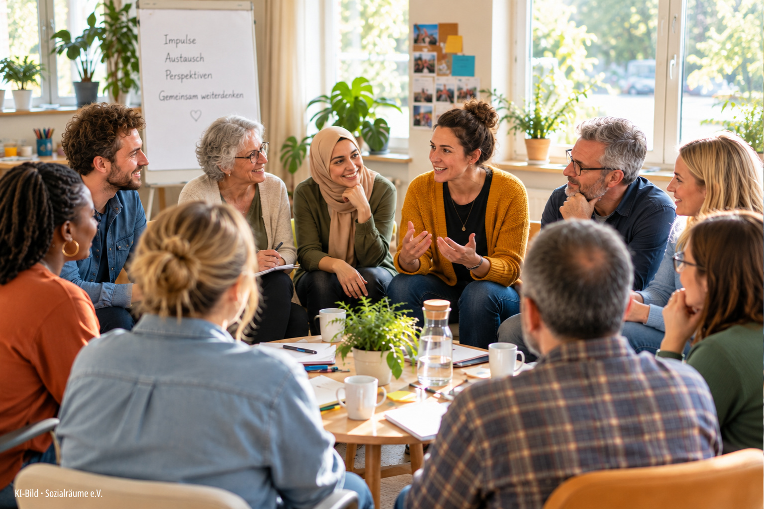 Eine diverse Gruppe von Erwachsenen unterschiedlichen Alters sitzt in einem hellen Raum zusammen und tauscht sich in offener Atmosphäre aus. Die Szene steht beispielhaft für die Impuls- und Themenabende von Sozialräume e.V., bei denen fachliche Anregungen, unterschiedliche Perspektiven und gemeinsamer Austausch miteinander verbunden werden. Das Bild wurde mithilfe künstlicher Intelligenz erstellt und zeigt keine reale Veranstaltung oder reale Teilnehmende.