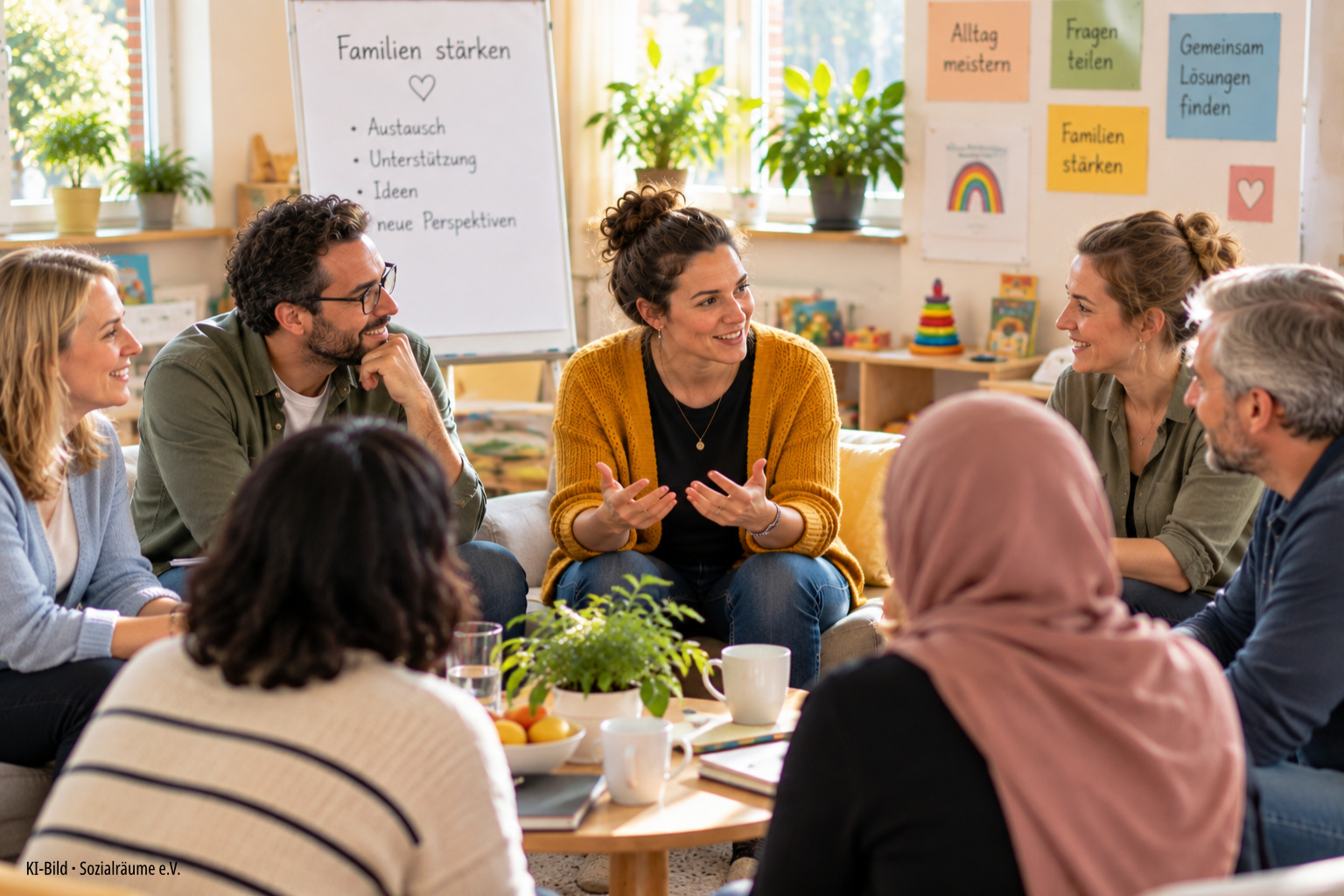 Eine diverse Gruppe Erwachsener sitzt in einem hellen Raum einer Bildungseinrichtung zusammen und tauscht sich über Fragen des Familienalltags aus. Die Szene steht beispielhaft für die Impuls- und Themenabende von Sozialräume e.V. im Bereich Familienförderung. Das Bild wurde mithilfe künstlicher Intelligenz erstellt und zeigt keine reale Veranstaltung oder reale Teilnehmende.