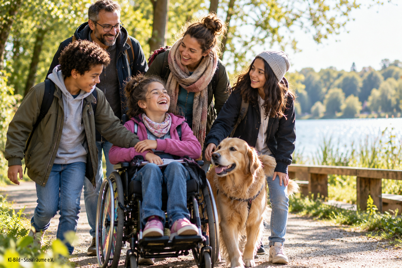 Eine Familie ist gemeinsam mit ihren Kindern und einem Golden Retriever in der Natur unterwegs. Eines der Kinder nutzt einen Rollstuhl. Die Szene steht beispielhaft für gemeinsame Freizeit, Teilhabe und das Zusammenleben von Familien mit Hund. Das Bild wurde mithilfe künstlicher Intelligenz erstellt und zeigt keine realen Personen oder eine reale Familie.