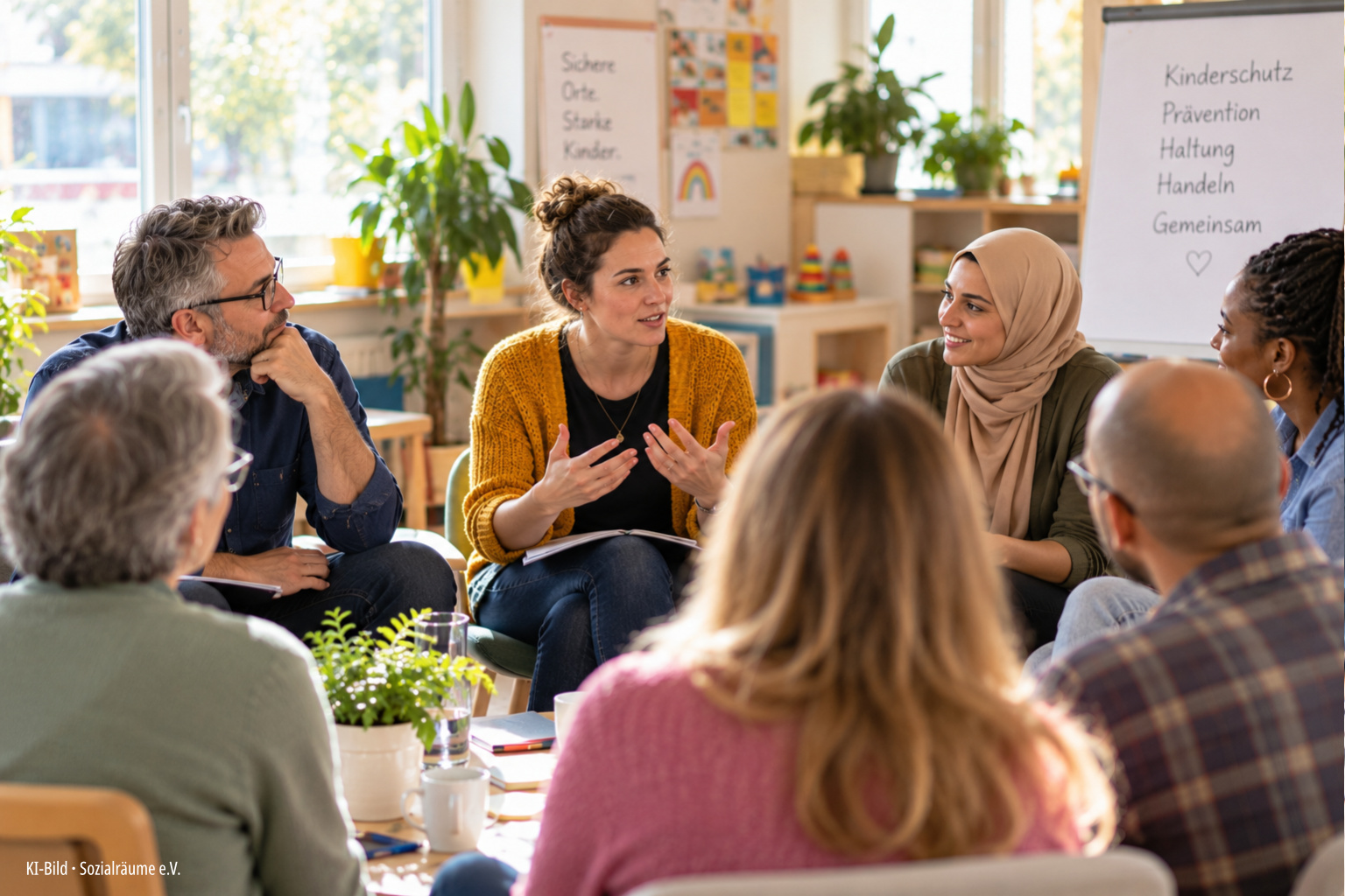 Erwachsene unterschiedlichen Alters und mit unterschiedlichen Hintergründen kommen in einem hellen pädagogischen Raum miteinander ins Gespräch. Im Mittelpunkt stehen Kindeswohl, Prävention, Haltung und gemeinsames Handeln. Die Szene steht beispielhaft für einen Impuls- und Themenabend von Sozialräume e.V. Das Bild wurde mithilfe künstlicher Intelligenz erstellt und zeigt keine reale Veranstaltung oder reale Teilnehmende.