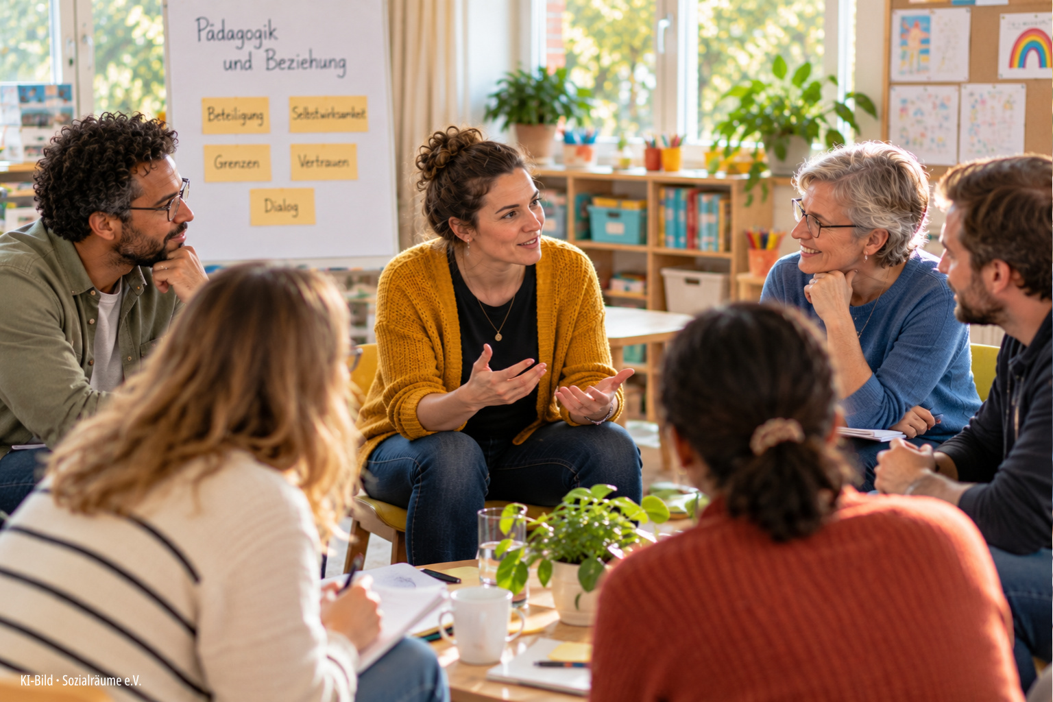 Eine diverse Gruppe Erwachsener tauscht sich in einem pädagogisch gestalteten Raum über Beteiligung, Selbstwirksamkeit, Grenzen und Beziehung aus. Die offene Gesprächssituation steht beispielhaft für die Impuls- und Themenabende von Sozialräume e.V. zu pädagogischen Fragestellungen. Das Bild wurde mithilfe künstlicher Intelligenz erstellt und zeigt keine reale Veranstaltung oder reale Teilnehmende.