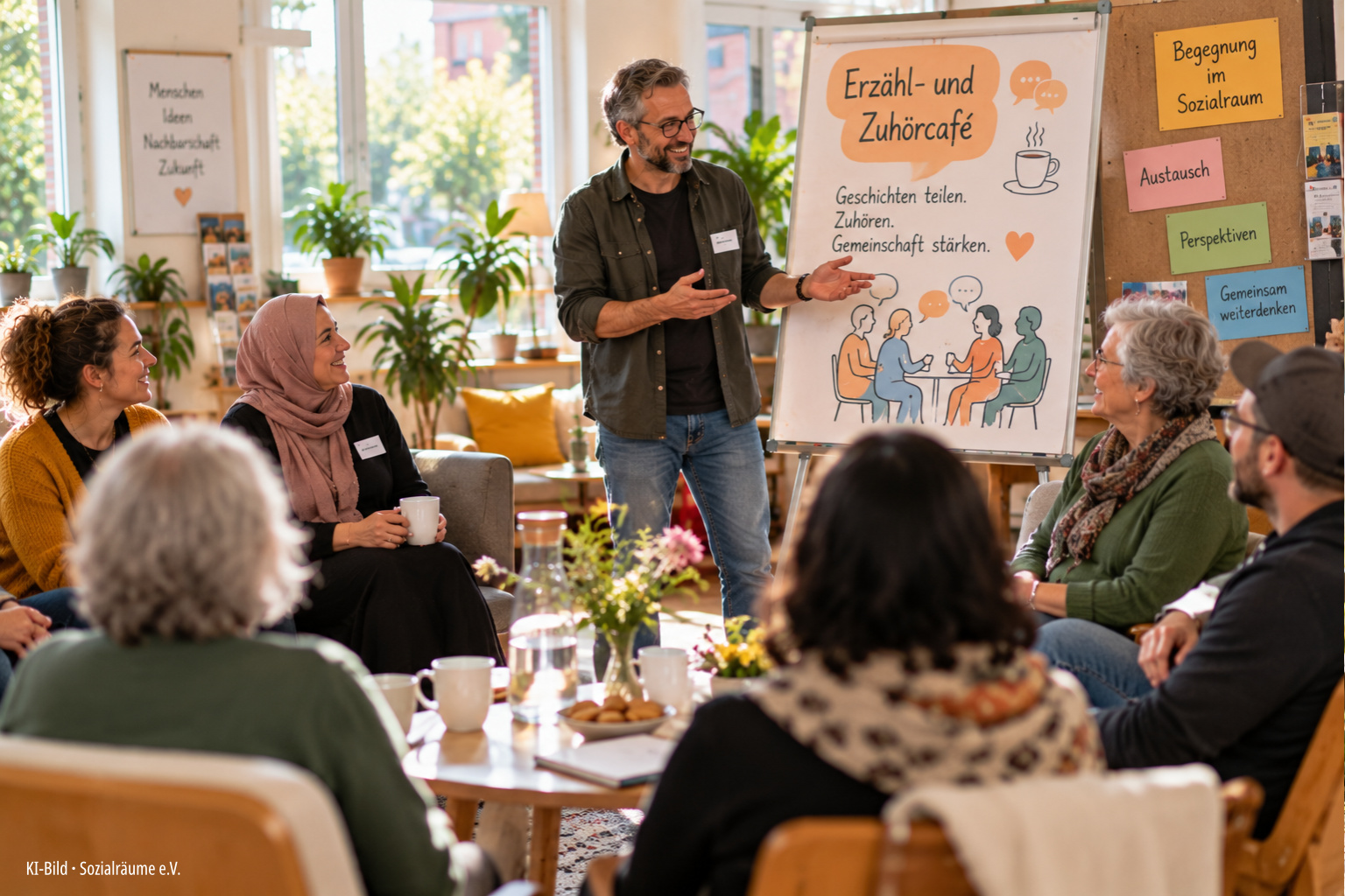 Ein Referent stellt einer diversen Gruppe Erwachsener das generationenverbindende Erzähl- und Zuhörcafé vor. Die Gesprächsrunde steht für Begegnung, Zuhören, unterschiedliche Perspektiven und gemeinschaftliches Miteinander im Sozialraum. Das Bild wurde mithilfe künstlicher Intelligenz erstellt und zeigt keine reale Veranstaltung oder reale Teilnehmende.