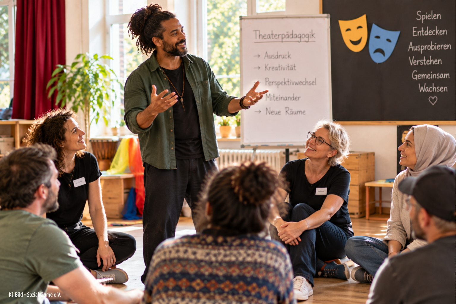 Ein Dozent steht im Mittelpunkt einer sitzenden Gruppe und demonstriert mit Körperhaltung und Gestik ein theaterpädagogisches Element. Die Szene veranschaulicht, wie Ausdruck, Rollen, Perspektivwechsel und das bewusste Erleben von Hoch- und Tiefstatus thematisiert werden können. Das Bild wurde mithilfe künstlicher Intelligenz erstellt und zeigt keine reale Veranstaltung oder reale Teilnehmende.