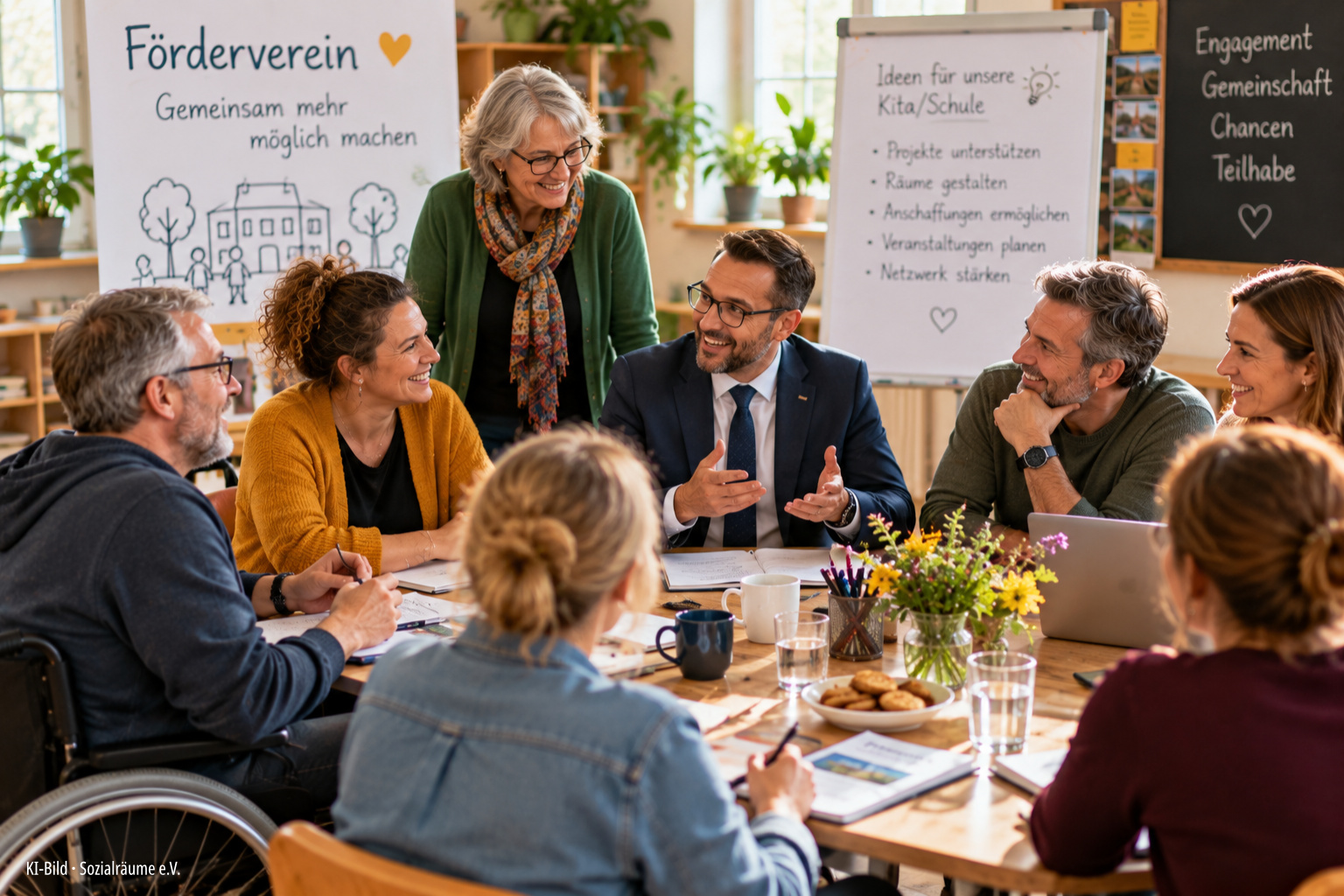 Eine diverse Gruppe Erwachsener sitzt bei einem Fördervereinstreffen zusammen. Ein Gast im Anzug beteiligt sich am Gespräch über Ideen, Projekte und Möglichkeiten gemeinschaftlichen Engagements für Kita oder Schule. Die Szene steht beispielhaft für Themenabende rund um Ehrenamt, Vereinsarbeit und Fördervereine. Das Bild wurde mithilfe künstlicher Intelligenz erstellt und zeigt keine reale Veranstaltung oder reale Teilnehmende.
