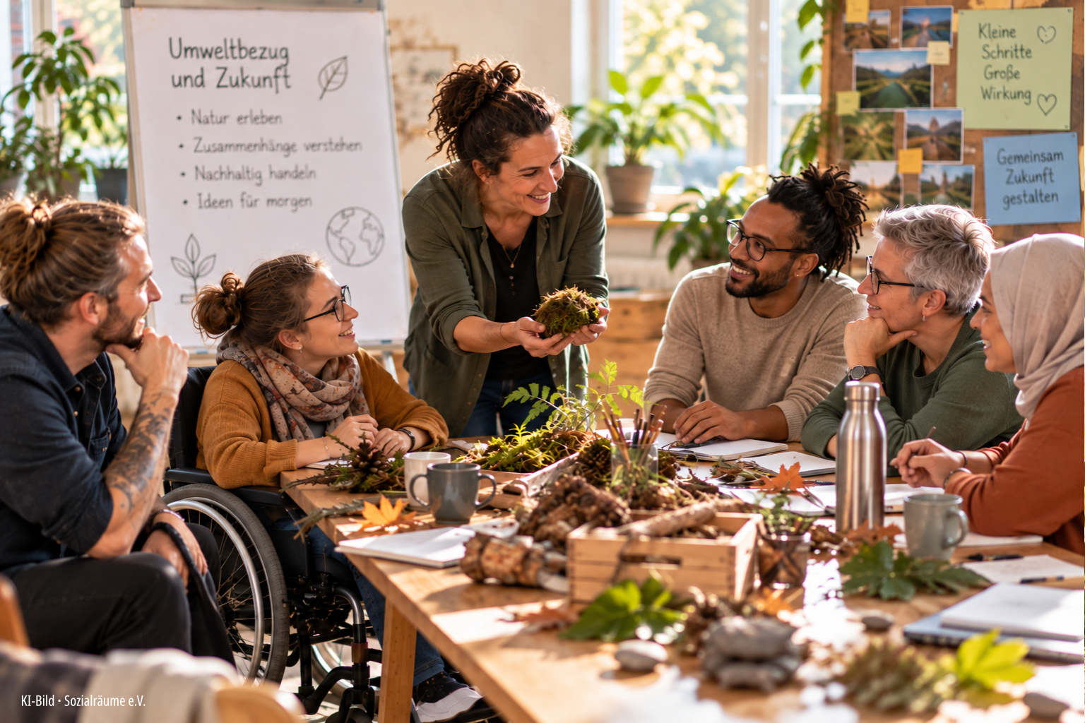 Eine diverse Gruppe Erwachsener beschäftigt sich gemeinsam mit Naturmaterialien wie Moos, Zweigen, Blättern, Zapfen und Steinen. Eine Teilnehmerin nutzt einen Rollstuhl. Die Szene steht beispielhaft für einen Themenabend zu alltagsnaher Umweltbildung, Naturerfahrung und Umweltbezug. Das Bild wurde mithilfe künstlicher Intelligenz erstellt und zeigt keine reale Veranstaltung oder reale Teilnehmende.