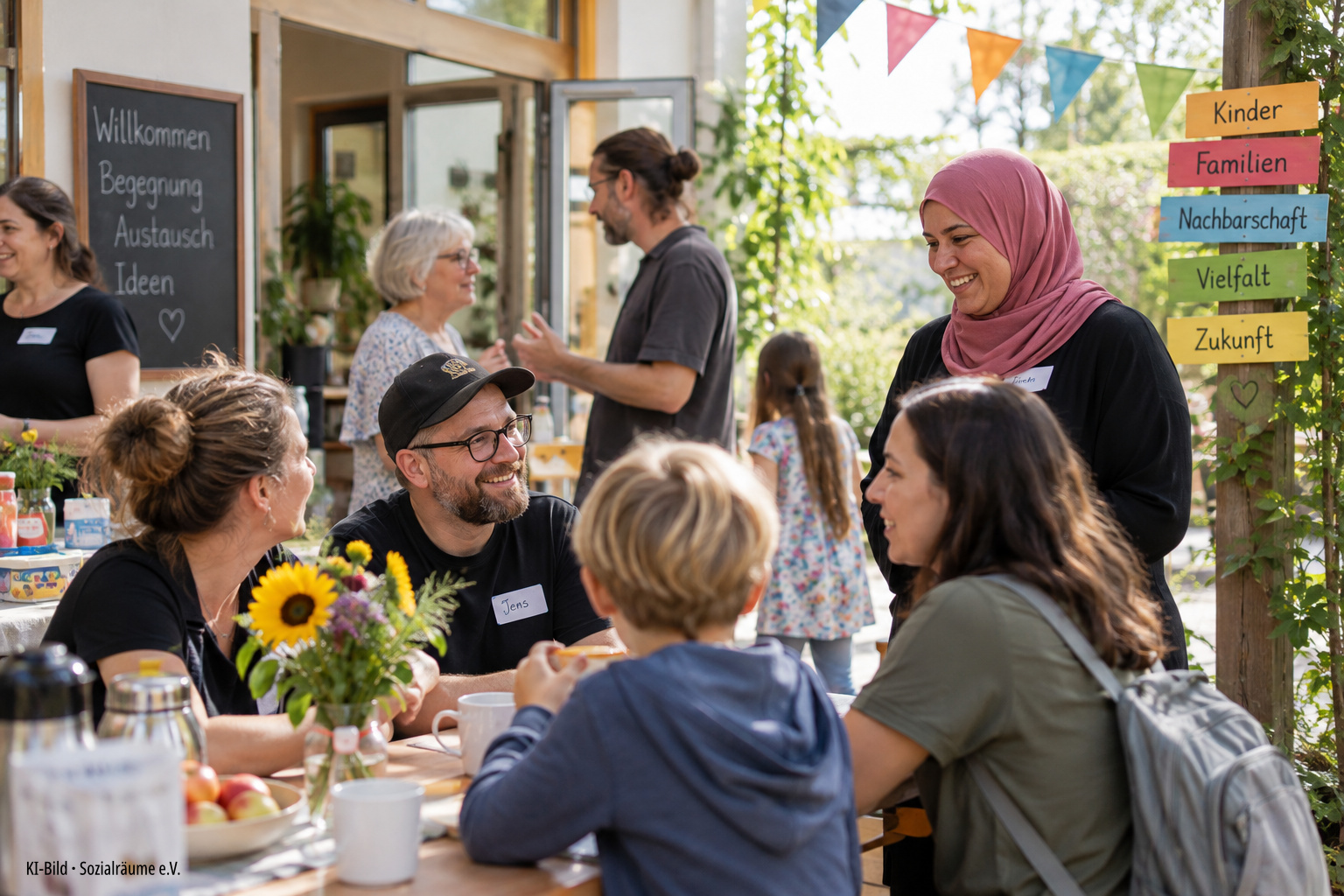 Menschen unterschiedlichen Alters und verschiedener Hintergründe begegnen sich bei einer gemeinsamen Veranstaltung an einem offenen sozialen Ort.
