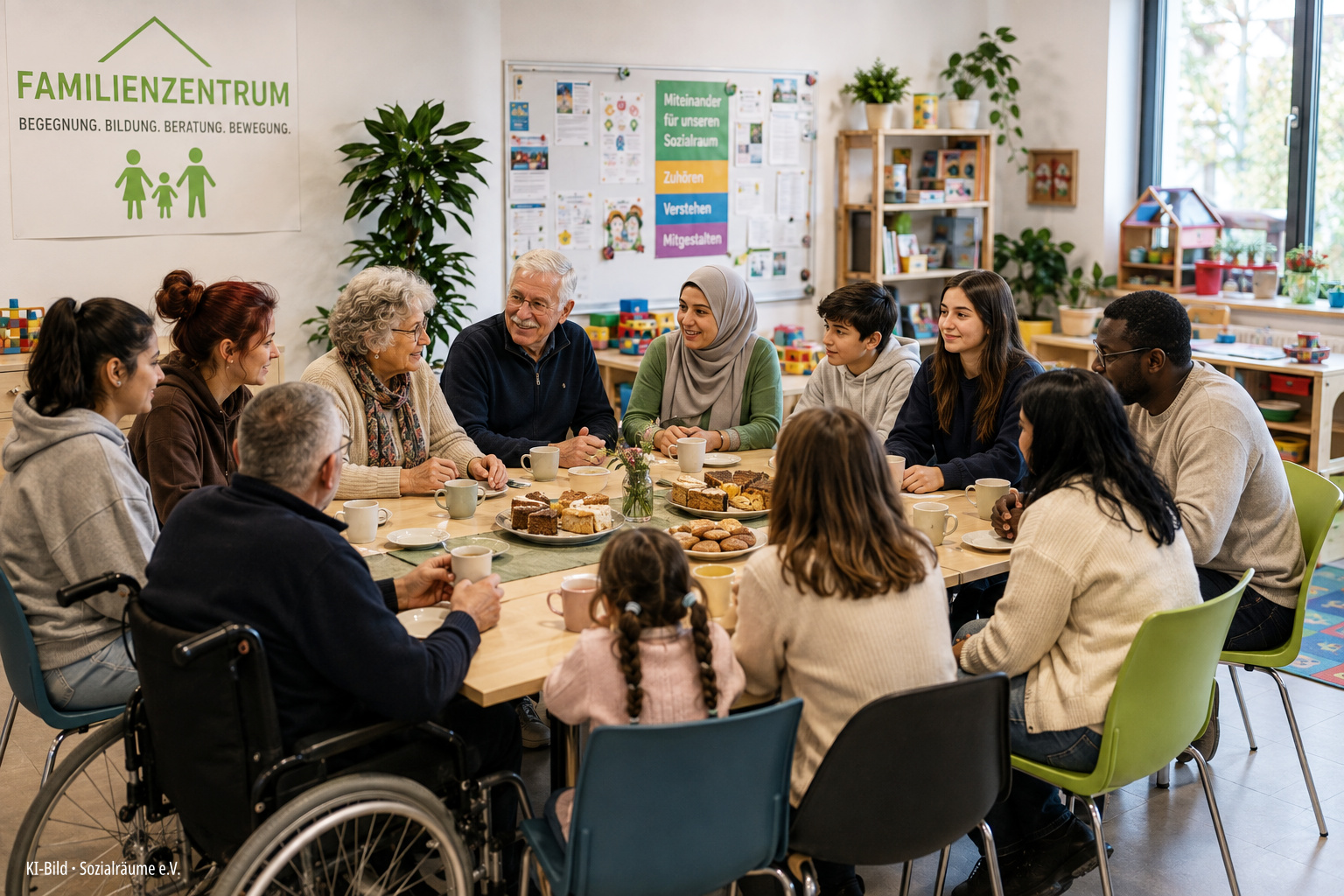 Generationenübergreifende Begegnung beim Erzähl- und Zuhörcafé mit Kindern, Erwachsenen und älteren Menschen an einem gemeinsamen Tisch.