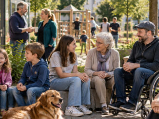 Kinder, Jugendliche und Erwachsene verschiedener Generationen begegnen sich in einem belebten Sozialraum mit Spiel-, Begegnungs- und Freizeitmöglichkeiten. KI-generiertes Bild.