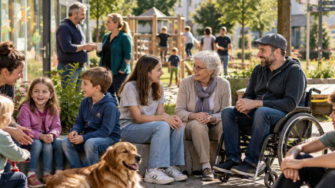 Kinder, Jugendliche und Erwachsene verschiedener Generationen begegnen sich in einem belebten Sozialraum mit Spiel-, Begegnungs- und Freizeitmöglichkeiten. KI-generiertes Bild.