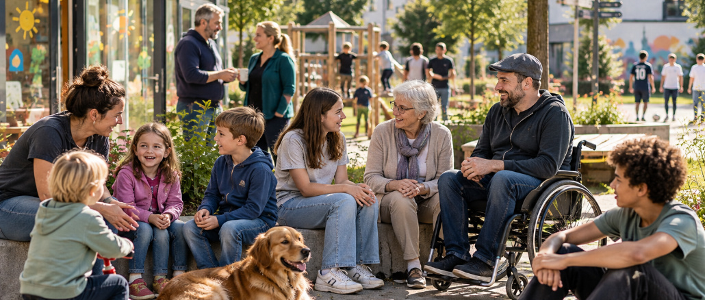 Kinder, Jugendliche und Erwachsene verschiedener Generationen begegnen sich in einem belebten Sozialraum mit Spiel-, Begegnungs- und Freizeitmöglichkeiten. KI-generiertes Bild.
