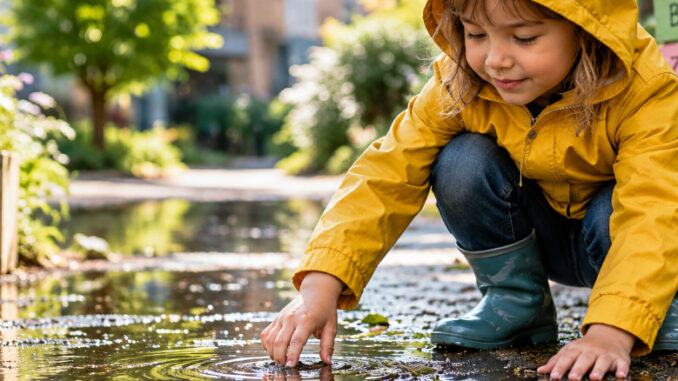 Kind in gelber Regenjacke untersucht eine Wasserpfütze im Grünen. KI-generiertes Bild.