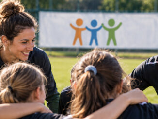 Jugendliche stehen gemeinsam mit einer Trainerin und einem Trainer im Kreis auf einem Sportplatz. Die Gruppe vermittelt Gemeinschaft, Vertrauen und gegenseitige Verantwortung. KI-generiertes Bild.