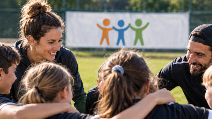 Jugendliche stehen gemeinsam mit einer Trainerin und einem Trainer im Kreis auf einem Sportplatz. Die Gruppe vermittelt Gemeinschaft, Vertrauen und gegenseitige Verantwortung. KI-generiertes Bild.
