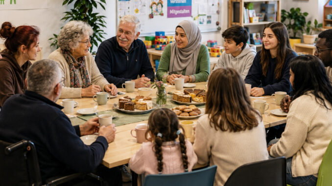 Menschen verschiedener Generationen und Lebenssituationen sitzen gemeinsam bei Kaffee und Kuchen an einem Tisch und tauschen sich aus. KI-generiertes Bild.