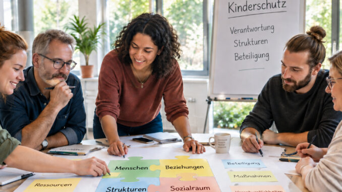 KI-generiertes Bild: Eine vielfältige Gruppe Erwachsener arbeitet gemeinsam an Schutzstrukturen und Kinderschutz. Auf dem Tisch liegen Puzzleteile und Arbeitskarten zu Menschen, Beziehungen, Strukturen und Sozialraum.