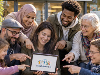 Eine vielfältige Gruppe von Menschen unterschiedlichen Alters sitzt vor einem Sozialraumzentrum und schaut gemeinsam lächelnd auf ein Tablet. Auch ein Kind und eine Person im Rollstuhl sind Teil der Gruppe. KI-generiertes Bild.