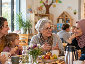 Mehrere Erwachsene und Kinder unterschiedlicher Generationen und Hintergründe sitzen gemeinsam an einem Tisch in einem hellen Familienzentrum und sind miteinander im Gespräch. KI-generiertes Bild.