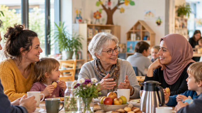 Mehrere Erwachsene und Kinder unterschiedlicher Generationen und Hintergründe sitzen gemeinsam an einem Tisch in einem hellen Familienzentrum und sind miteinander im Gespräch. KI-generiertes Bild.