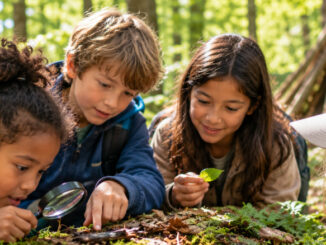 Vier Kinder entdecken gemeinsam mit einer Lupe Pflanzen, Moos und kleine Fundstücke auf einem Baumstamm im Wald. KI-generiertes Bild.