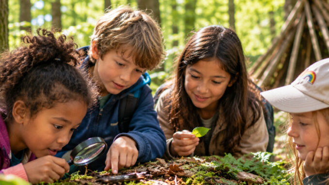 Vier Kinder entdecken gemeinsam mit einer Lupe Pflanzen, Moos und kleine Fundstücke auf einem Baumstamm im Wald. KI-generiertes Bild.