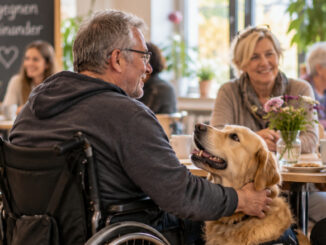 Mann im Rollstuhl streichelt einen Golden Retriever während eines Erzähl- und Zuhörcafés, umgeben von Menschen verschiedener Generationen im gemeinsamen Austausch. KI-generiertes Bild.