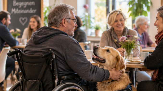 Mann im Rollstuhl streichelt einen Golden Retriever während eines Erzähl- und Zuhörcafés, umgeben von Menschen verschiedener Generationen im gemeinsamen Austausch. KI-generiertes Bild.