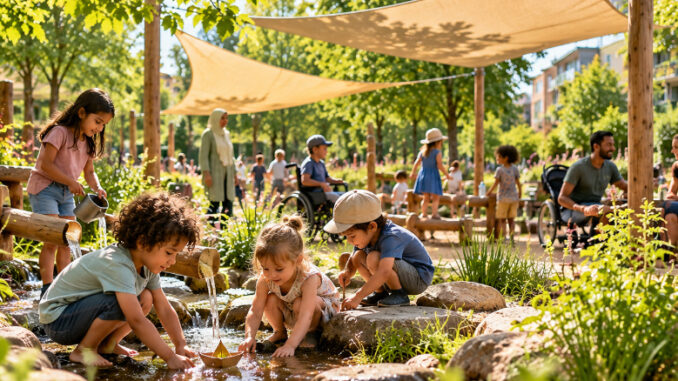 Kinder und Erwachsene unterschiedlicher Generationen auf einem begrünten, verschatteten Spiel- und Begegnungsort mit Wasserlauf. KI-generiertes Bild.