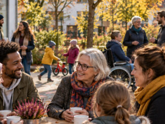 Menschen unterschiedlichen Alters und vielfältiger Hintergründe begegnen sich an einem Tisch in einem herbstlichen Sozialraum. Im Hintergrund sind weitere Erwachsene, Kinder und eine Person im Rollstuhl zu sehen. KI-generiertes Bild.