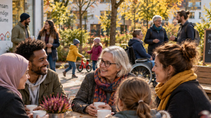 Menschen unterschiedlichen Alters und vielfältiger Hintergründe begegnen sich an einem Tisch in einem herbstlichen Sozialraum. Im Hintergrund sind weitere Erwachsene, Kinder und eine Person im Rollstuhl zu sehen. KI-generiertes Bild.