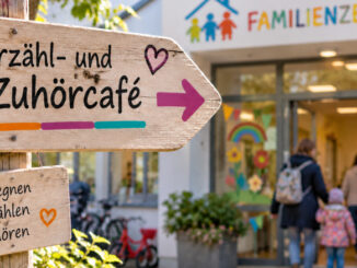 Holzschild mit der Aufschrift „Erzähl- und Zuhörcafé“ und einem Pfeil, der zum Eingang eines Familienzentrums weist. Im Hintergrund gehen Erwachsene und ein Kind in das Gebäude. KI-generiertes Bild.