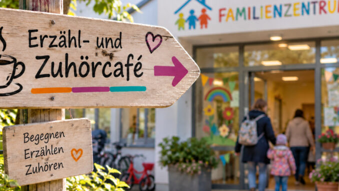 Holzschild mit der Aufschrift „Erzähl- und Zuhörcafé“ und einem Pfeil, der zum Eingang eines Familienzentrums weist. Im Hintergrund gehen Erwachsene und ein Kind in das Gebäude. KI-generiertes Bild.