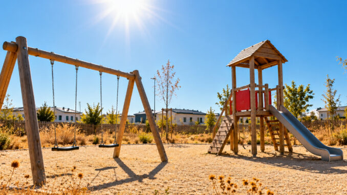Menschenleerer Spielplatz ohne Sonnenschutz in der glühenden Mittagssonne mit trockener, spärlicher Vegetation. KI-generiertes Bild.