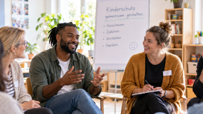 KI-Bild einer vielfältige Gruppe Erwachsener im gemeinsamen Austausch während eines Kinderschutzkurses.