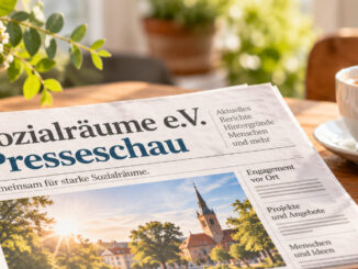 KI-generiertes Symbolbild für die Presseschau von Sozialräume e.V.: Eine fiktive Zeitung mit der Überschrift „Sozialräume e.V. Presseschau“ liegt auf einem Tisch mit Kaffeetasse, Brille und Notizbuch. Das Bild dient als wiederkehrendes Titelbild für Beiträge zur Medienberichterstattung über Sozialräume e.V.