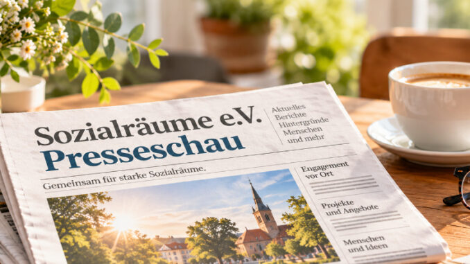 KI-generiertes Symbolbild für die Presseschau von Sozialräume e.V.: Eine fiktive Zeitung mit der Überschrift „Sozialräume e.V. Presseschau“ liegt auf einem Tisch mit Kaffeetasse, Brille und Notizbuch. Das Bild dient als wiederkehrendes Titelbild für Beiträge zur Medienberichterstattung über Sozialräume e.V.