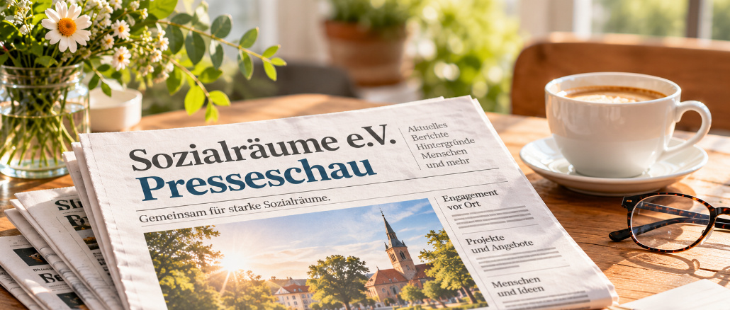 KI-generiertes Symbolbild für die Presseschau von Sozialräume e.V.: Eine fiktive Zeitung mit der Überschrift „Sozialräume e.V. Presseschau“ liegt auf einem Tisch mit Kaffeetasse, Brille und Notizbuch. Das Bild dient als wiederkehrendes Titelbild für Beiträge zur Medienberichterstattung über Sozialräume e.V.