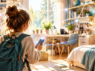 KI-generiertes Bild: Ein Kind mit Smartphone betritt ein helles Jugendzimmer. Leuchtende Verbindungslinien symbolisieren die digitale Vernetzung.