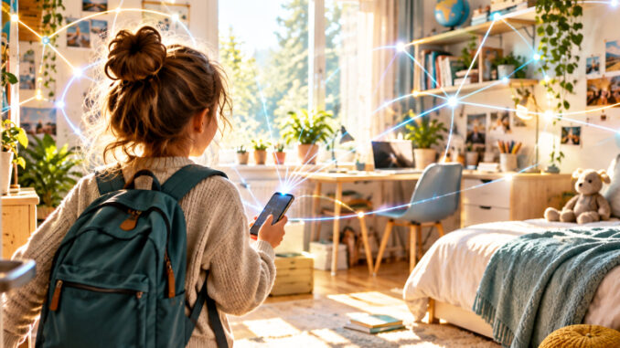 KI-generiertes Bild: Ein Kind mit Smartphone betritt ein helles Jugendzimmer. Leuchtende Verbindungslinien symbolisieren die digitale Vernetzung.