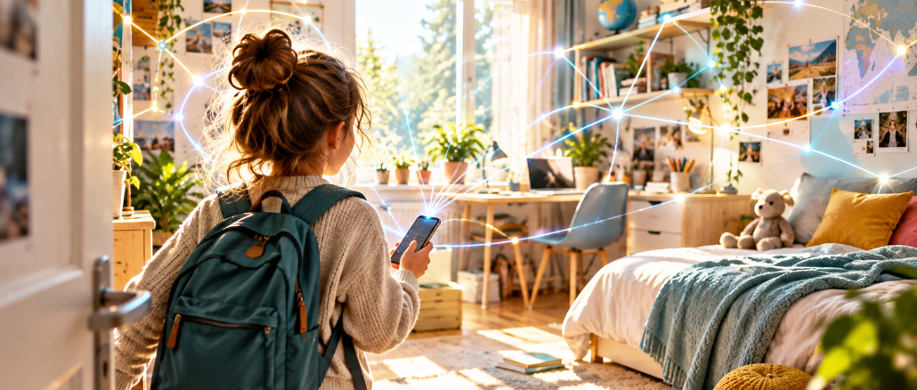 KI-generiertes Bild: Ein Kind mit Smartphone betritt ein helles Jugendzimmer. Leuchtende Verbindungslinien symbolisieren die digitale Vernetzung.