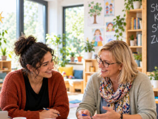 KI-generiertes Begleitbild zur Zusammenarbeit von Sozialräume e.V. mit Kitas und Familienzentren. Pädagogische Fachkräfte und eine externe Fachperson sitzen in einem hellen Familienzentrum gemeinsam an einem Tisch, tauschen sich aus und arbeiten mit Unterlagen und pädagogischen Materialien. Die Szene steht für partnerschaftliche Planung, fachlichen Austausch und die gemeinsame Entwicklung passender Angebote für Kinder, Familien und den jeweiligen Sozialraum.