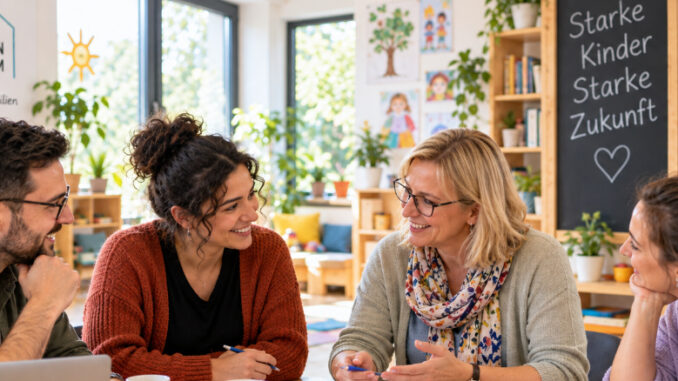 KI-generiertes Begleitbild zur Zusammenarbeit von Sozialräume e.V. mit Kitas und Familienzentren. Pädagogische Fachkräfte und eine externe Fachperson sitzen in einem hellen Familienzentrum gemeinsam an einem Tisch, tauschen sich aus und arbeiten mit Unterlagen und pädagogischen Materialien. Die Szene steht für partnerschaftliche Planung, fachlichen Austausch und die gemeinsame Entwicklung passender Angebote für Kinder, Familien und den jeweiligen Sozialraum.
