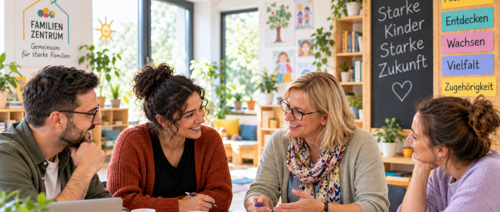 KI-generiertes Begleitbild zur Zusammenarbeit von Sozialräume e.V. mit Kitas und Familienzentren. Pädagogische Fachkräfte und eine externe Fachperson sitzen in einem hellen Familienzentrum gemeinsam an einem Tisch, tauschen sich aus und arbeiten mit Unterlagen und pädagogischen Materialien. Die Szene steht für partnerschaftliche Planung, fachlichen Austausch und die gemeinsame Entwicklung passender Angebote für Kinder, Familien und den jeweiligen Sozialraum.